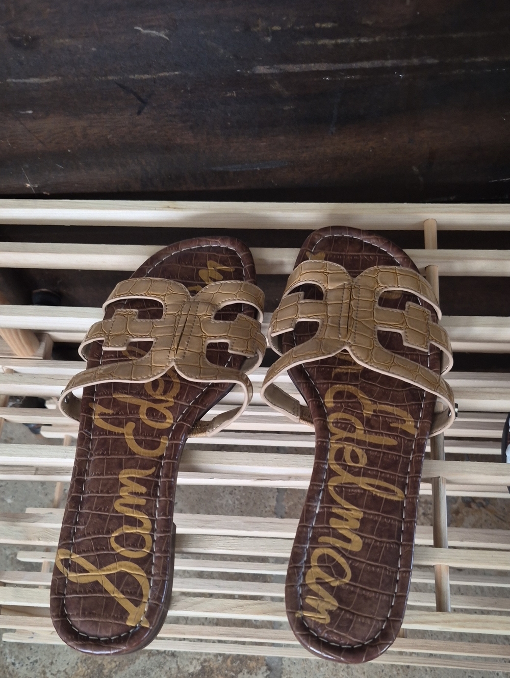 Sam Edelman Brown and Tan Croc-Embossed Slide Sandals